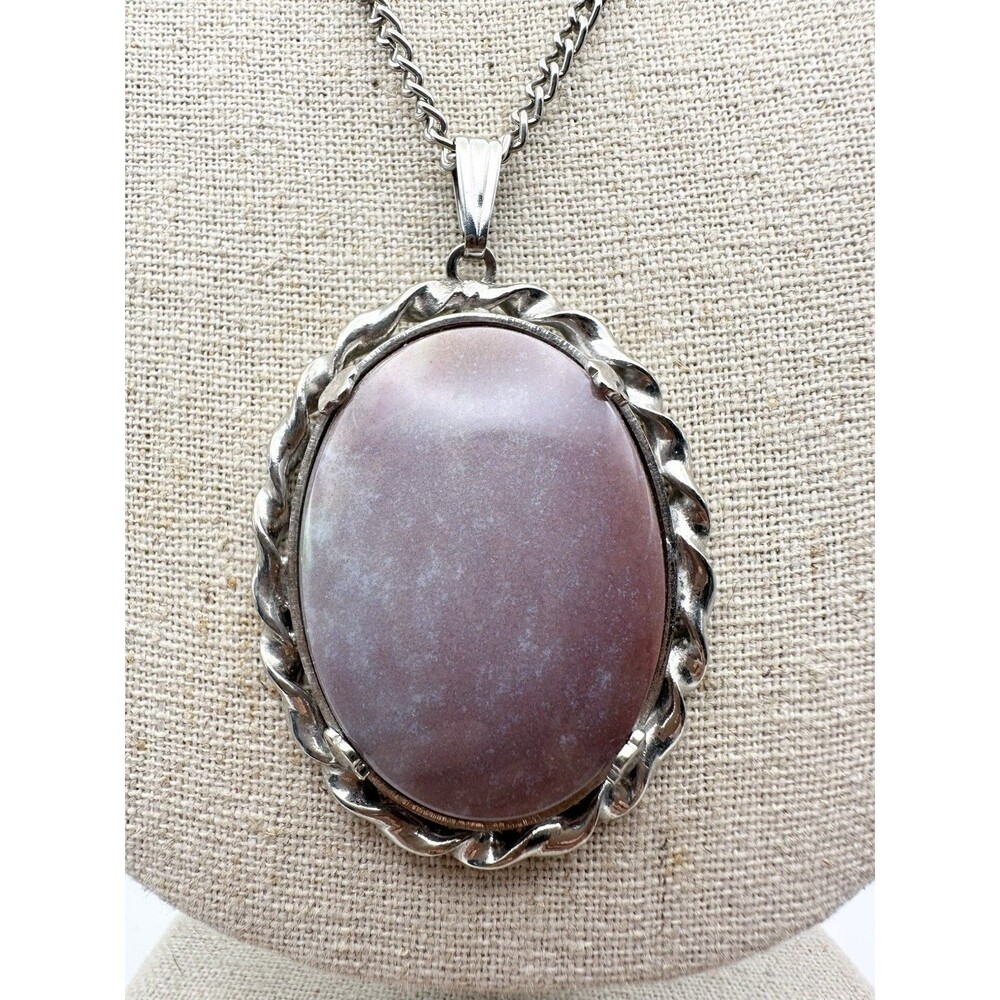 Vintage Cabochon Purple Stone Pendant Necklace 26”